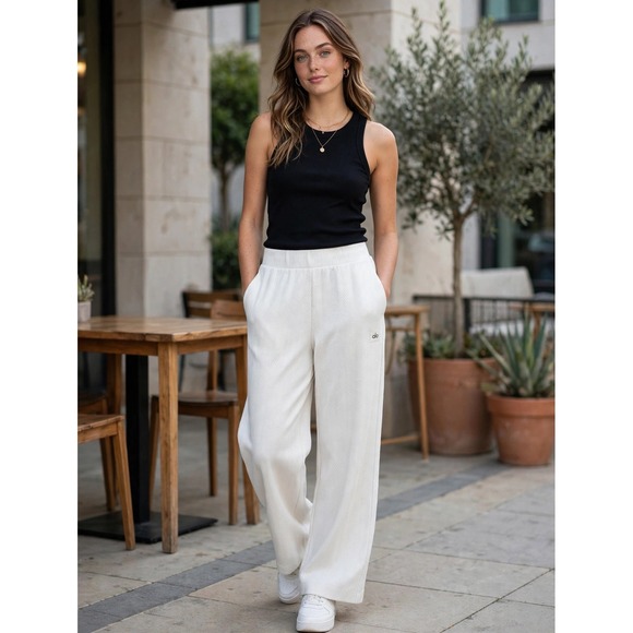 ALO Yoga Pants - Alo Yoga Ivory White Herringbone Textured Wide Leg Lounge Pants Womens Size S